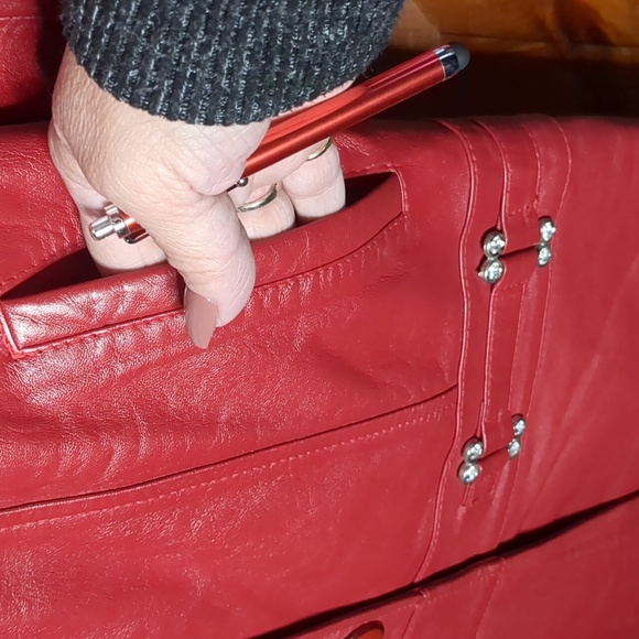 ELENA by FERME* red leather trench button front 2pkt white accent stitching sz M - Picture 10 of 17